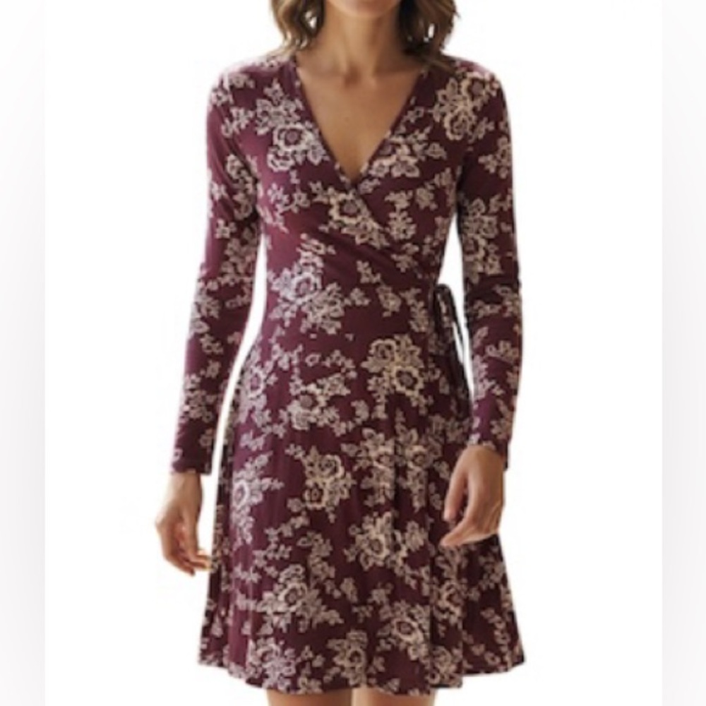 Effie's Heart Maroon Floral Wrap Midi Dress - XS